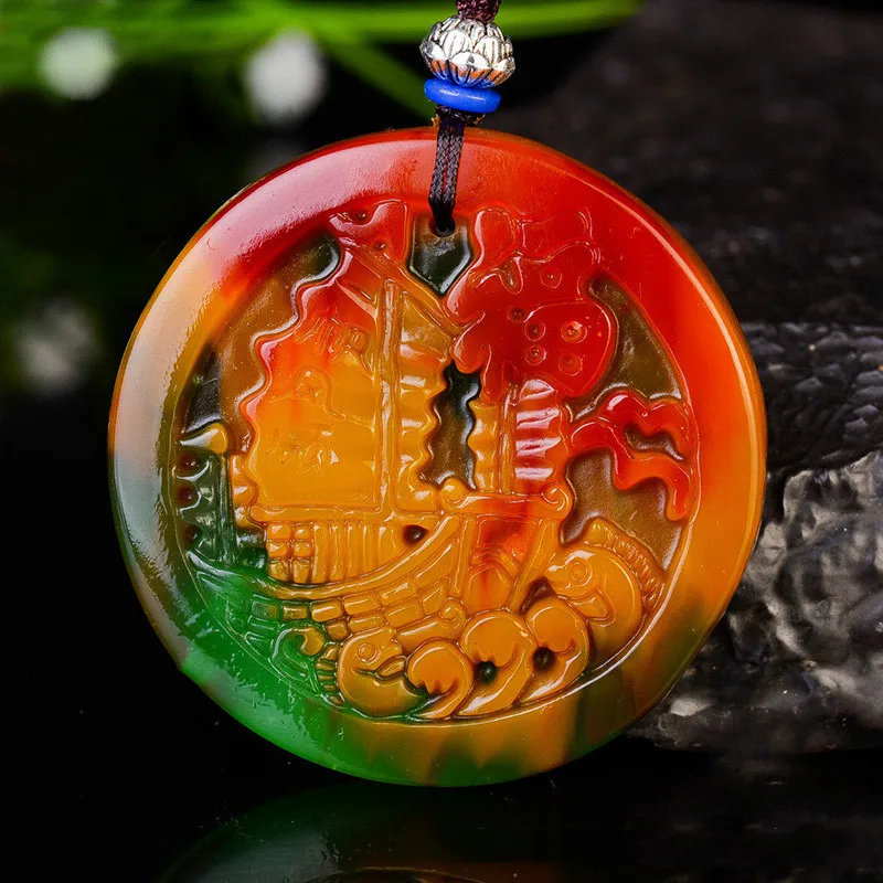 Natural Xinjiang Gobi Gold Silk Jade Colorful Jade Floating Flower Blessing Pendant Men's and Women's Plain Sailing Pendant