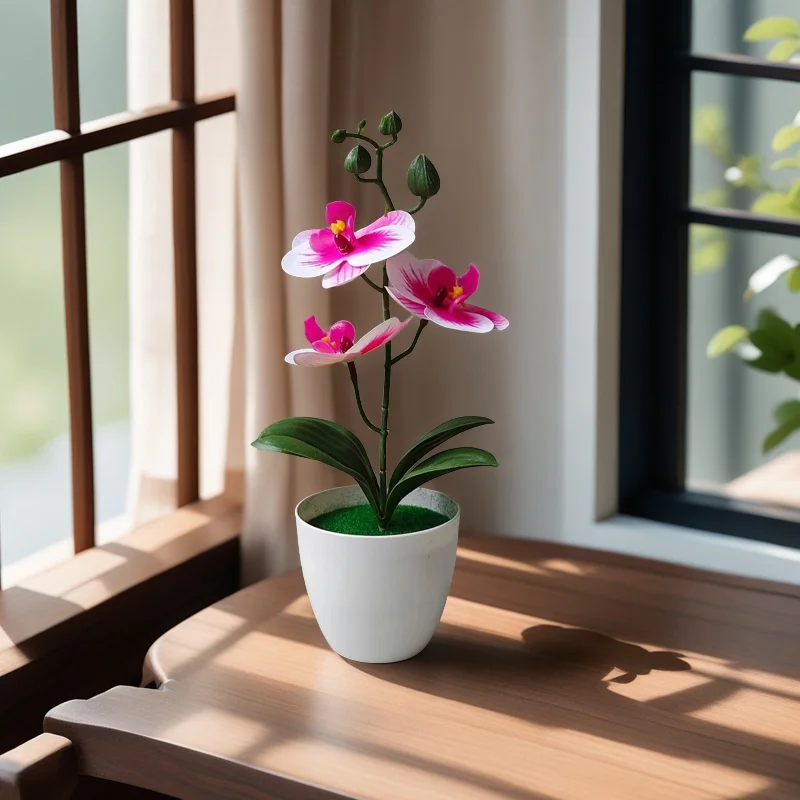 قطعة واحدة من أوركيد مقلد في وعاء - 3 زهور أوركيد صناعية نابضة بالحياة لديكور المنزل لعيد الهالوين وعيد الشكر، هدية الانتقال لمنزل جديد