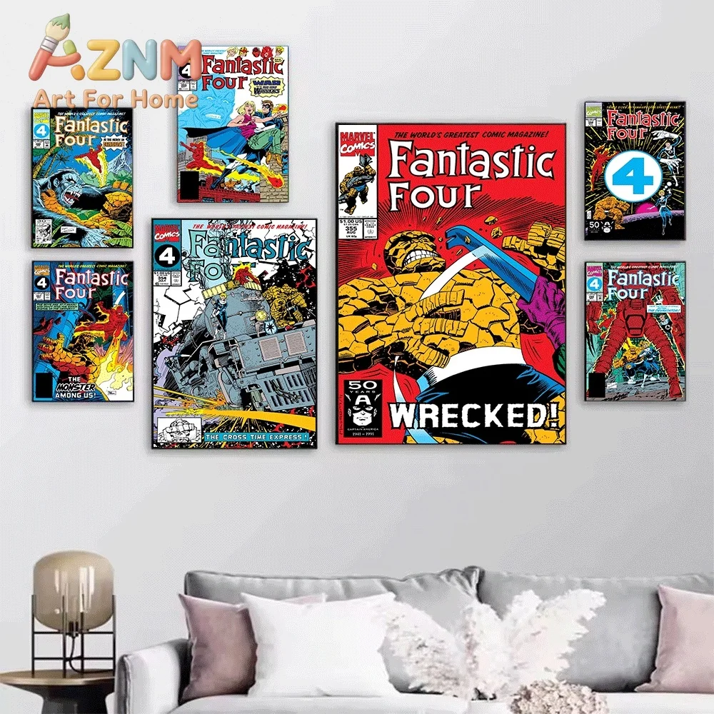 AZNM Fantastic Four Kubik Vintage Comic Cover Collage Canvas Wall Art Unframed Print, Superhero Poster for Bedroom Living Room