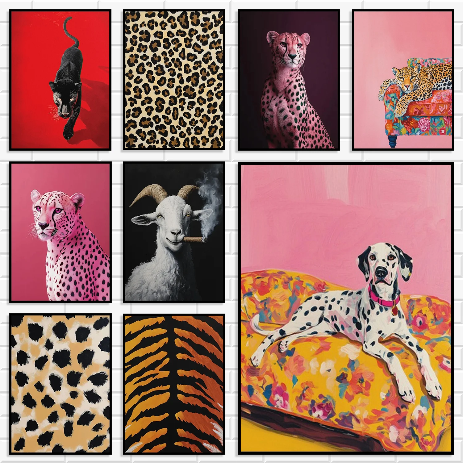 Trendy Leopard Panther Goat Dalmatian Canvas Wall Art Pink Cheetah Tiger Leopard Poster Print Modern Luxury Aesthetic Home Decor