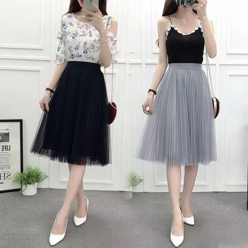 Sping Summer Fashion Korean Women\'s Mesh Skirt Pleated Skirt A- Line High Waist Skirt Woman Skirts Girls New Lace Skirts