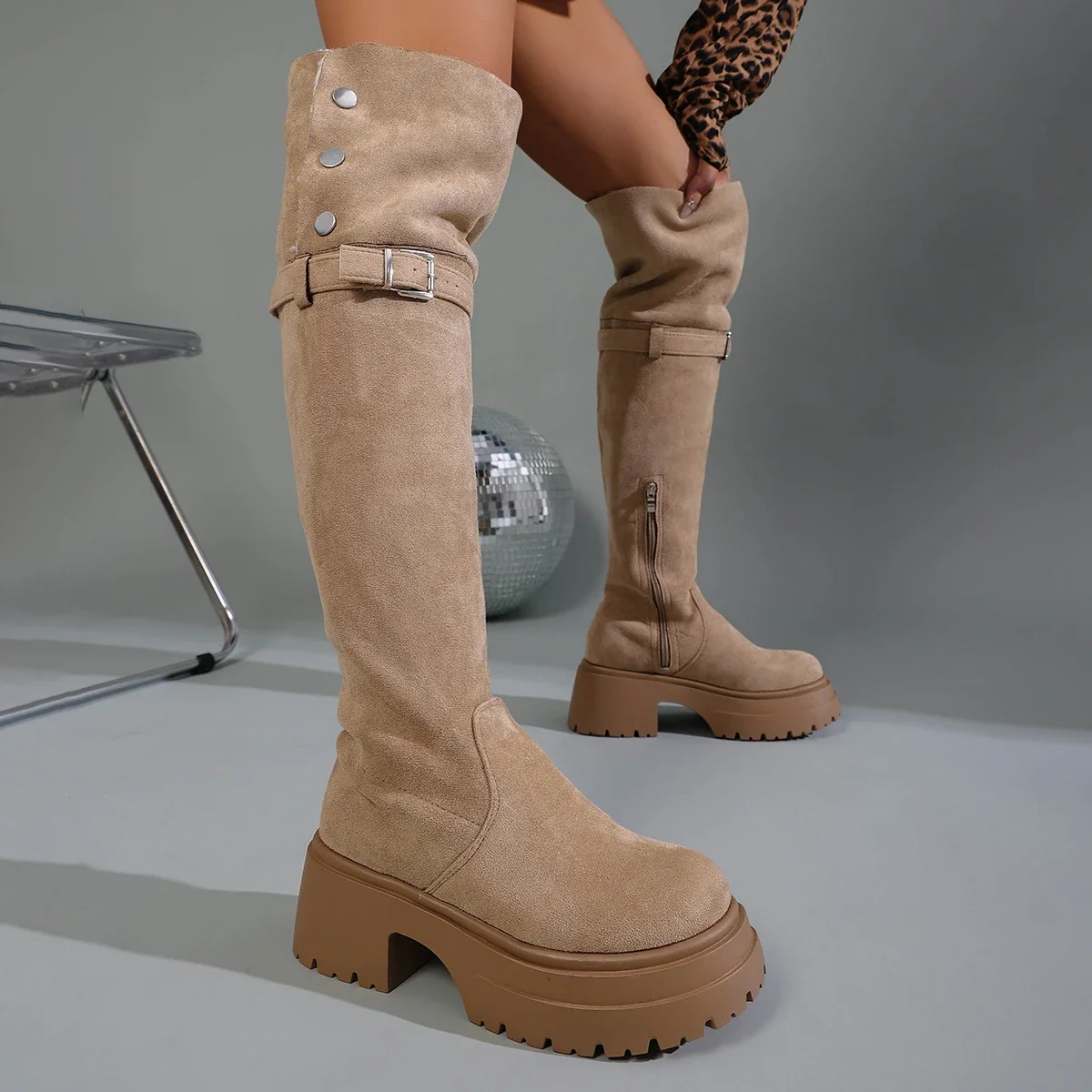 

2025 New Women Boots Winter Khaki Over The Knee Boots Comfort Chunky Thick-soled Boots Fashion Warm Suede Round Toe Boots 252