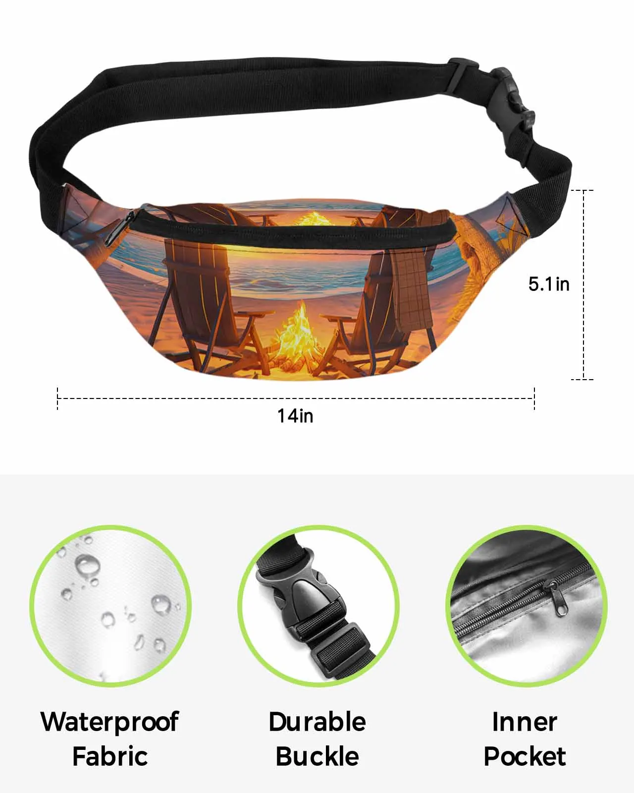 Impermeável Banana Hip Bags para homens e mulheres, Fanny Pack, Belt Bag, Carteira, Praia, Fogueira, Cadeira, Abóbora, Pôr do sol, Outono