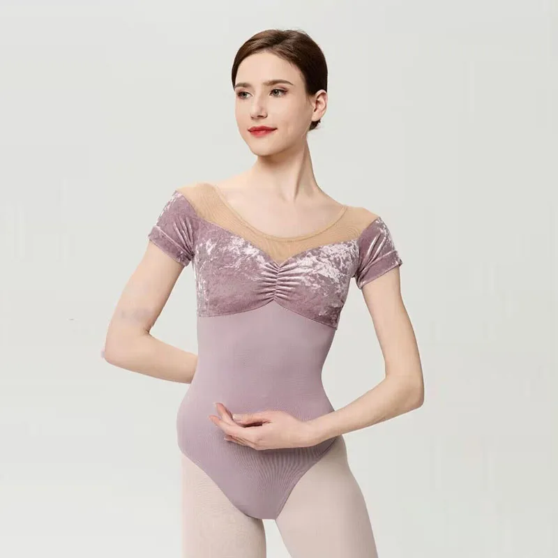 Body per balletto per donna patchwork di velluto manica corta colori solidi Costume da ballo body per ginnastica per pratica di balletto per adulti