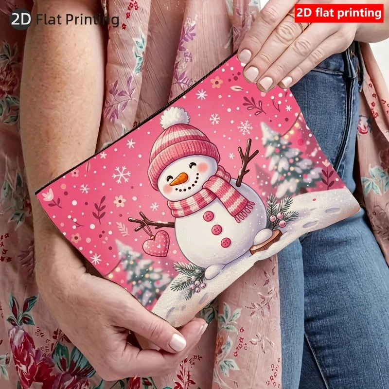 2D Flat Printing 1pc Pink Christmas Snowman Makeup Bag, Suitable for Christmas And Winter Season Gifts