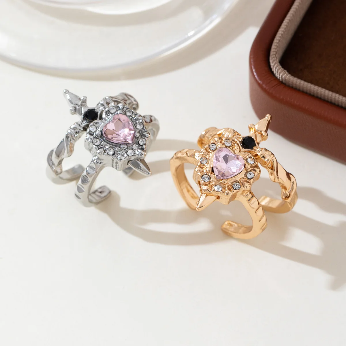 2pcs Can Be Assembled Heart and Sword Rings for Women Men Couple Silver Gold Color Adjustable Open Ring Fashion Jewelry