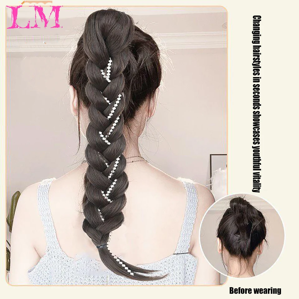Lm extensões de rabo de cavalo trançado sintético marrom preto loiro rabo de cavalo com laço de cabelo para mulheres extensões de cabelo falso