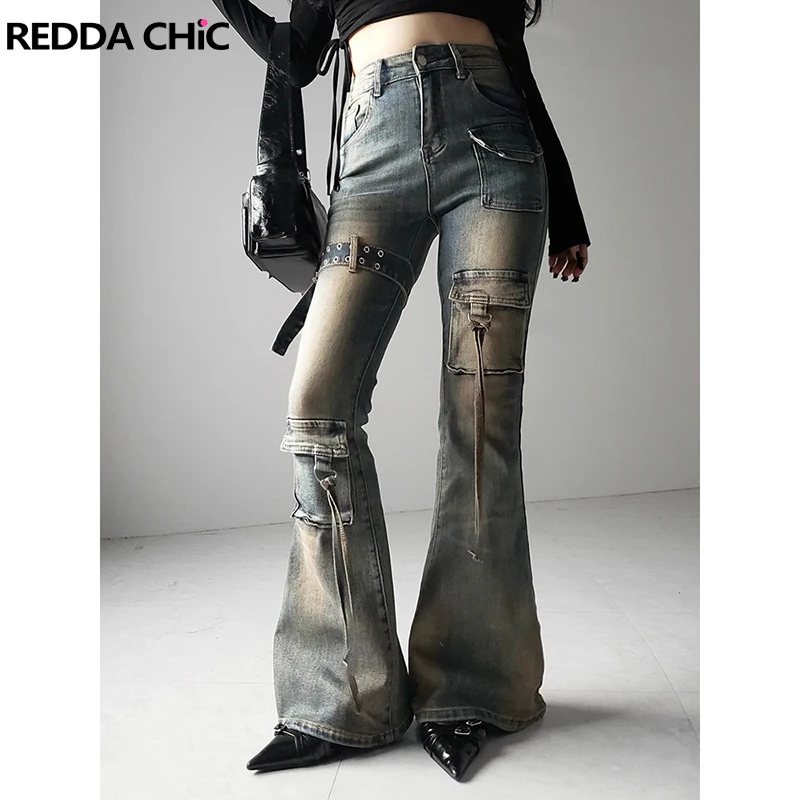 

REDDACHiC Y2k Джинсы-карго с низкой посадкой, старые винтажные люверсы с поясом, плотные эластичные брюки-клеш, корейская женская уличная одежда