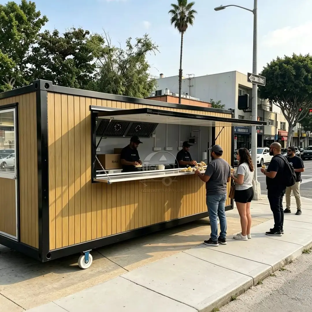

Stationary Food Kiosk for Outdoor Use with Prep Counter And Refrigerators Commercial Food Cart Ideal for Business
