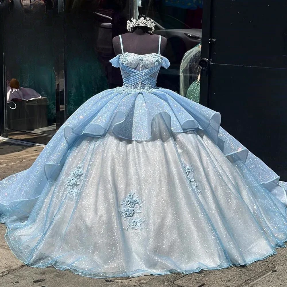 Vestidos de princesa azul cielo para quinceañera, vestido de baile con hombros descubiertos, apliques dulces 16, 15 Años, personalizado