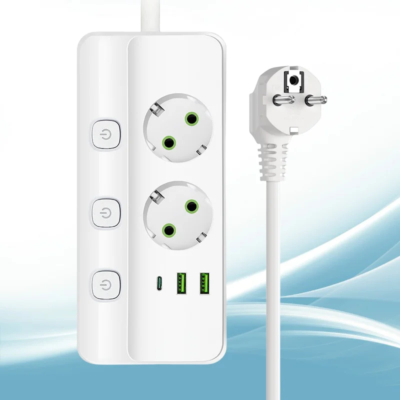 White 2m Extension Cable EU Plug Standard Socket USB And Type-C Charging Ports LED Independent Switch 2500W Rated Power