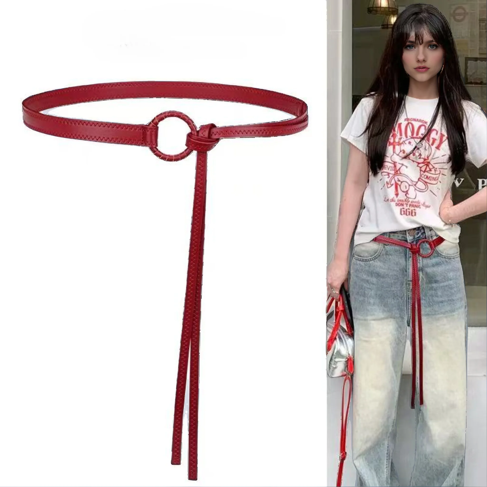 Cinturón de mujer elegante y a la moda: cinturón de cuerda con diseño tejido de varios colores, cinturón multifuncional lujoso atado, anuncio