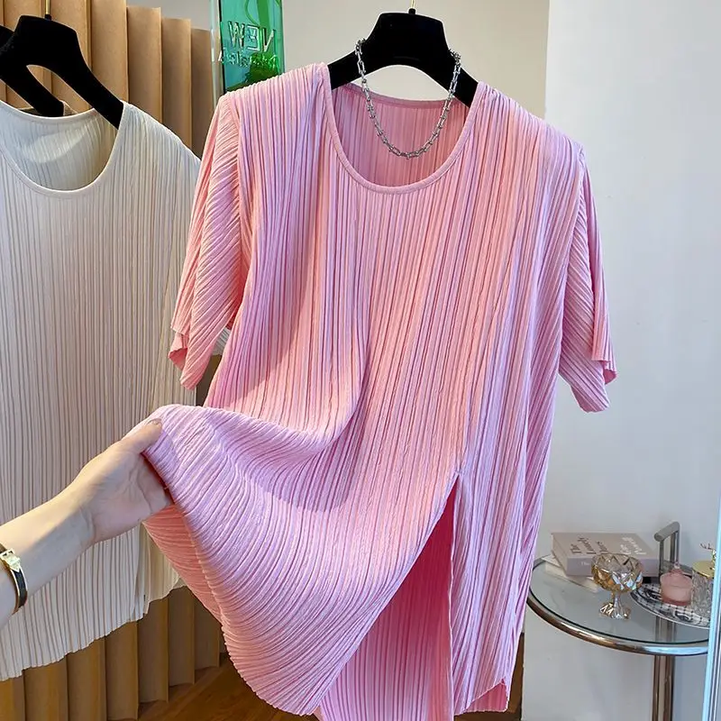 Luxurious Design T Shirts Women Niche Pleated Short Sleeve T-shirt Casual Loose Oversized Tops Hem Split Tshirt Summer Trendy