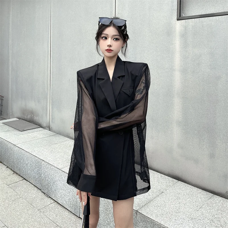 2025 Spring Summer Micro Transparent Mesh Patchwork Suit Jacket Women's Notched Long Sleeves Thin Style Fashion Coat