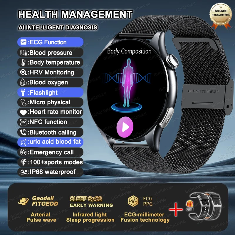 GUHUAVMI 2025, neue LED-Taschenlampe, NFC, Bluetooth-Anruf, Smartwatch für Männer, AMOLED-HD-Bildschirm, EKG + PPG + HRV, Blutfette, Harnsäure, Gesundheit, Smartwatch 9