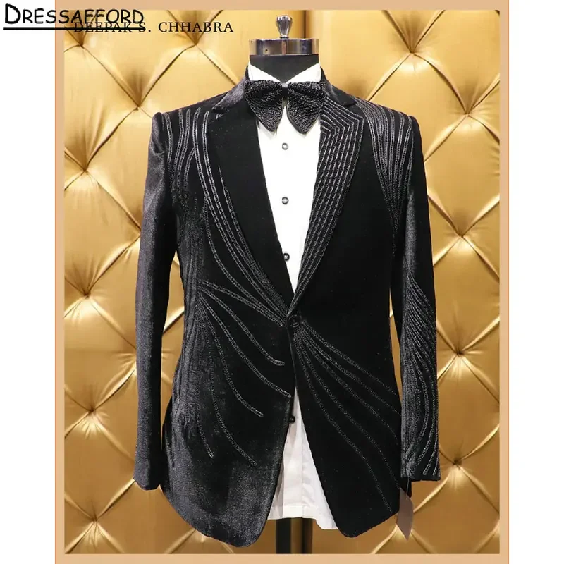 

Black Velvet Formal Wedding Suits Beading Crystal Men's Business Suit 2 Pieces (Jacket+Pants) Man Tuxedo Groom Wear