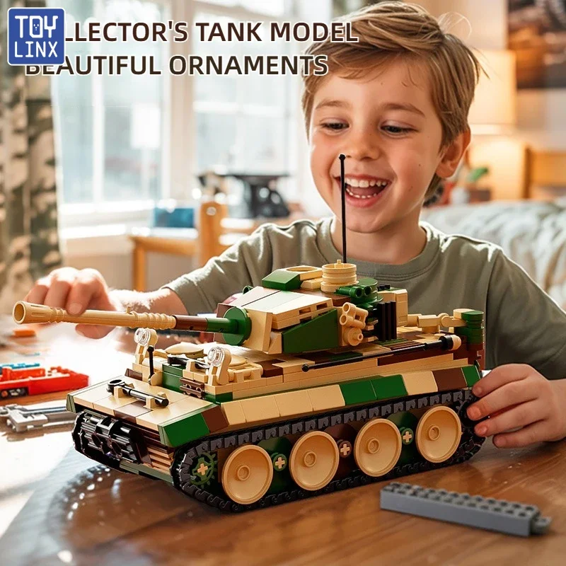 Militärischer Tiger, schwerer Panzer, Bausteine, DIY-Montagesteine, Modell 360 °   Drehbares Turmfass-Ornament als Geschenk für Jungen ab 6 Jahren