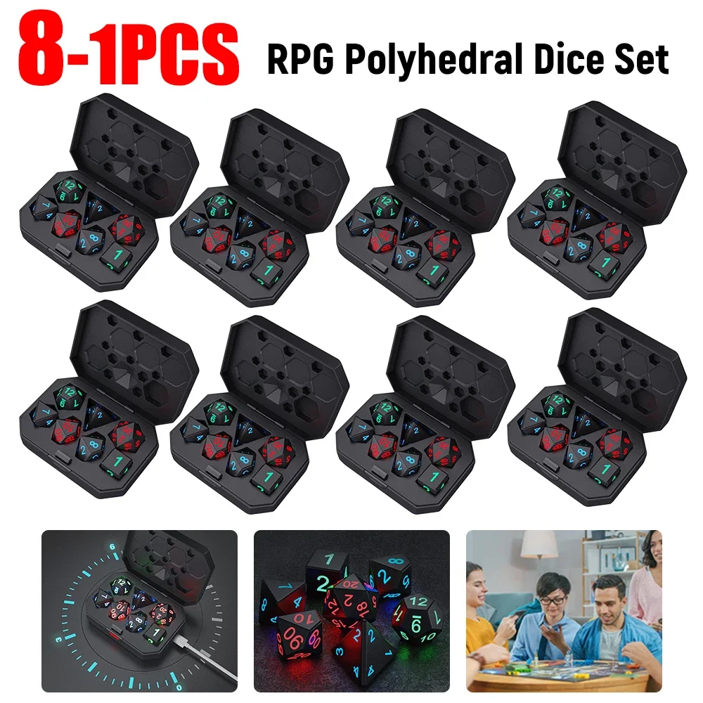ชุดลูกเต๋าหลายด้าน RPG 8-1ชิ้นลูกเต๋าไฟ LED ลูกเต๋าหลายด้านสำหรับผู้ใหญ่เกมกระดานของเล่นเพื่อความบันเทิงสำหรับงานเลี้ยง