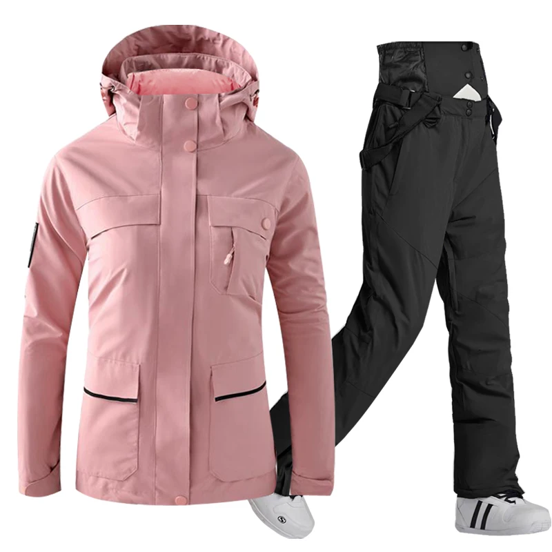 Schneejacke Damen Schneeanzug Sets Wasserdicht Winter Outdoor Wear Snowboard Kleidung Skikostüm Daunenjacken + Trägerhose Mädchen