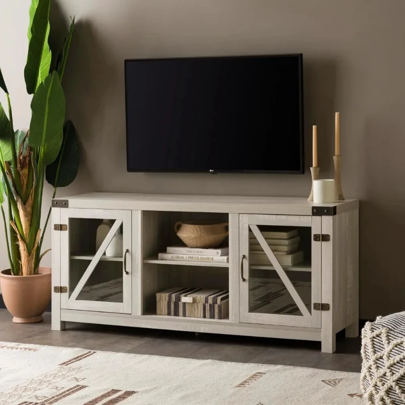 Wesley Modern Farmhouse Glass Door TV Stand for TVs up to 65 Inches, 58 Inch, Stone Grey, Without Fireplace