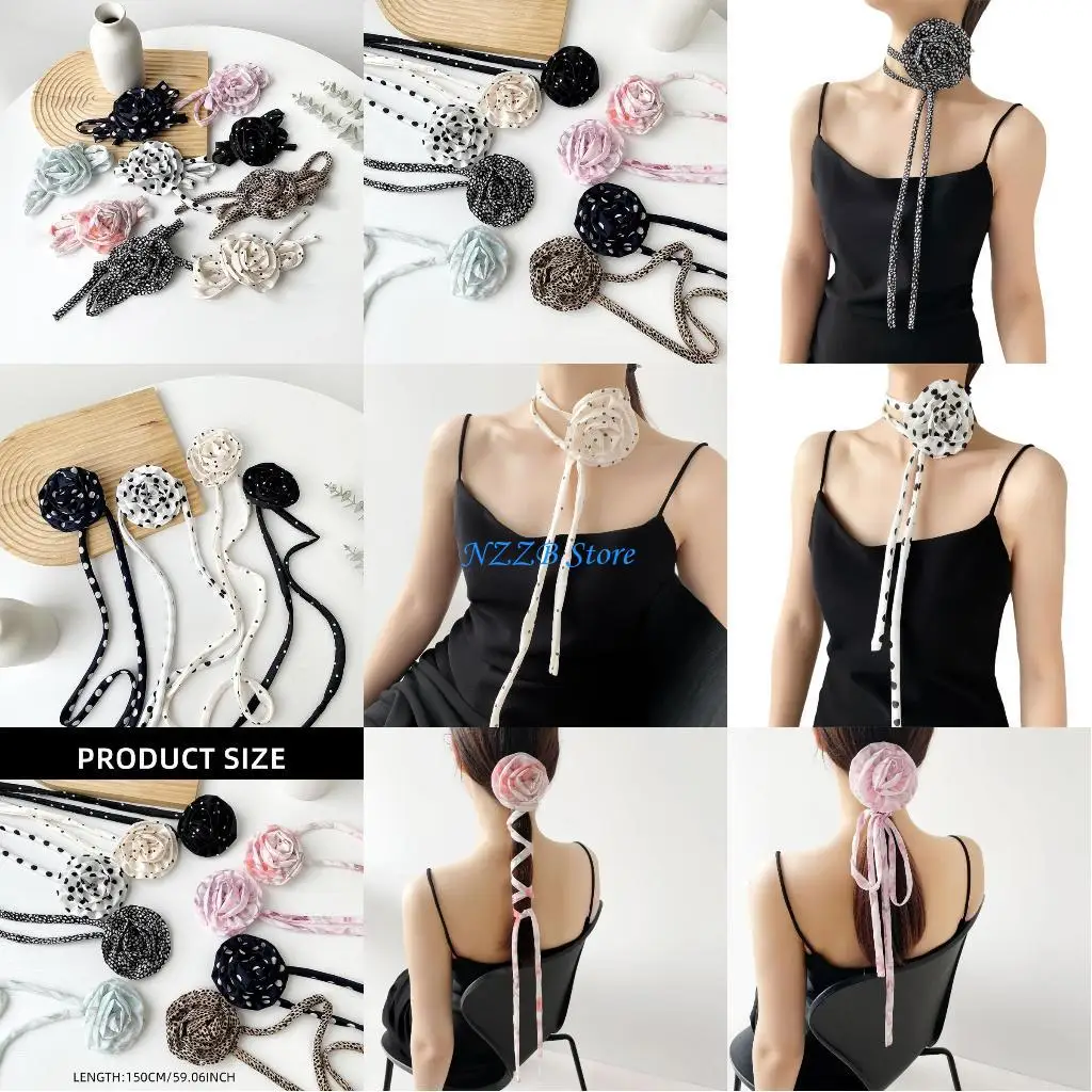

T21F Fashion Long Scarf Evening Party Neck Scarf Dotted Flower Choker Neckerchief