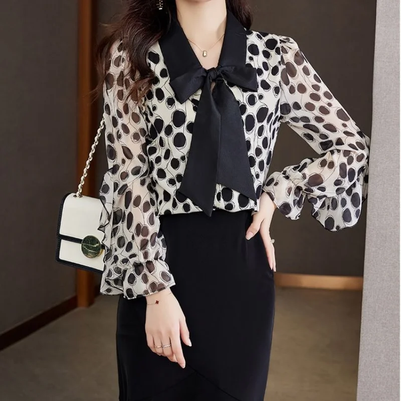 2023 Lente Nieuwe Polka Dot Print Sjaal Kraag Vetersluiting Lange Mouwen Office Lady Comfortabele Leisure Chiffon Shirt Top