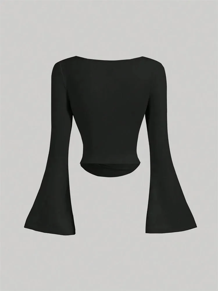 Casual Flare Long Sleeve Round Neck Ruched T-shirt for Women Spring Autumn Winter Elegant Solid Pleated Slim fit Blouse Tshirt