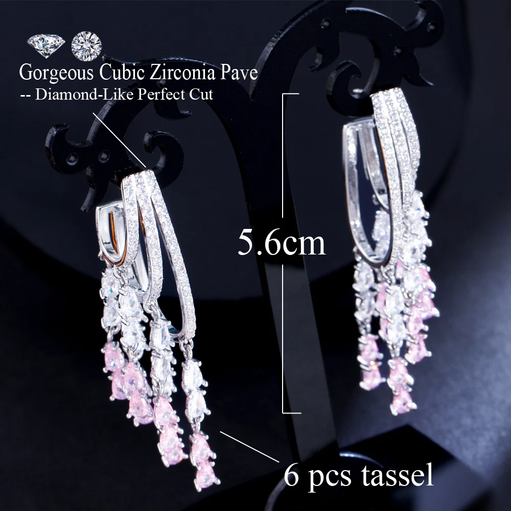 CWWZircons Creative Design Bling Cluster Pink Cubic Zirconia Dangle Tassel Drop Long Earrings for Women Festive Party Gift CZ489