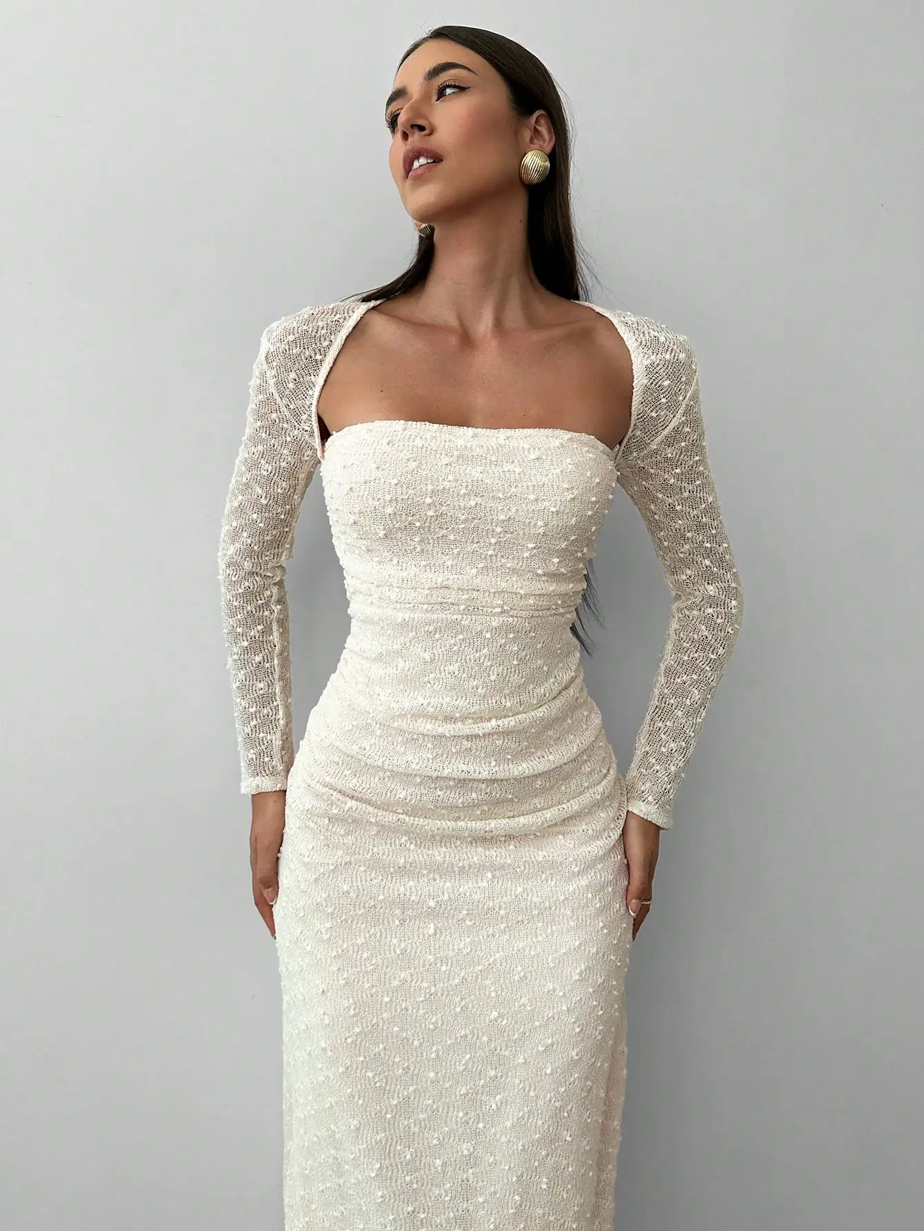 

Elegant Off-Shoulder Knit Long Dress with Ruched Waist, White, Full Sleeve