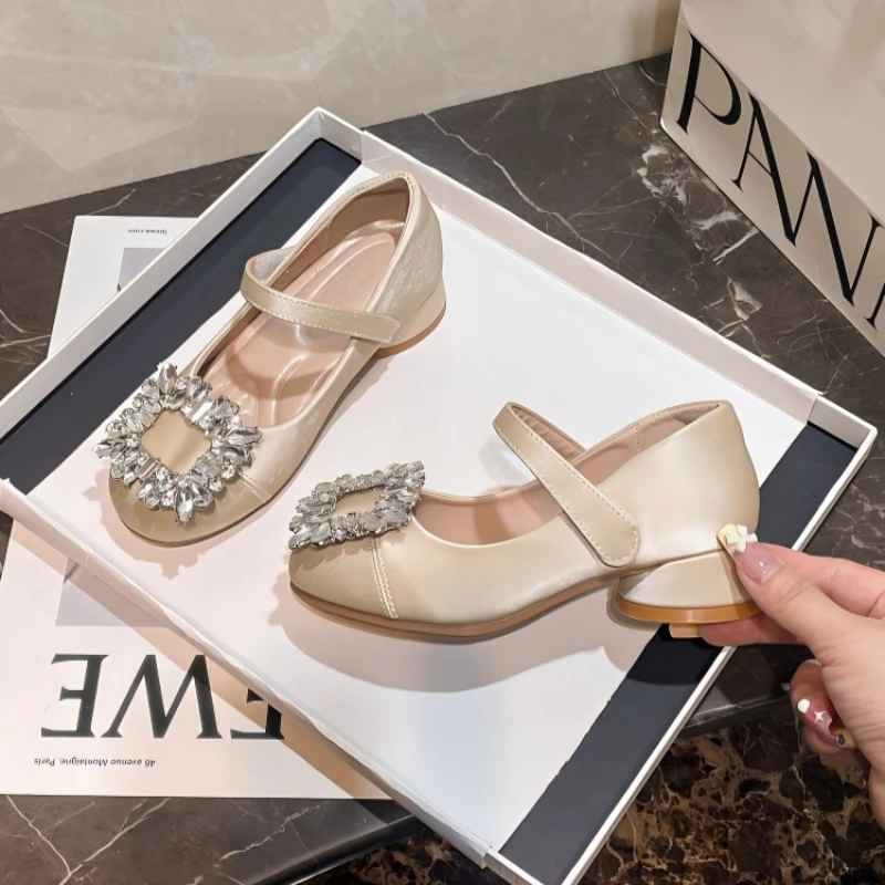 Big Kids High Heels Dress Shoes with Shiny Rhinestone 2026 New Summer Little Girls Princess Mary Jane Shoes School Party Sandals
