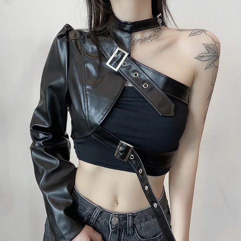 

Stylish Irregular Metal Buckle Hanging Neck PU Leather Single-Sleeved Biker Jacket for Women Spring Autumn New Arrival