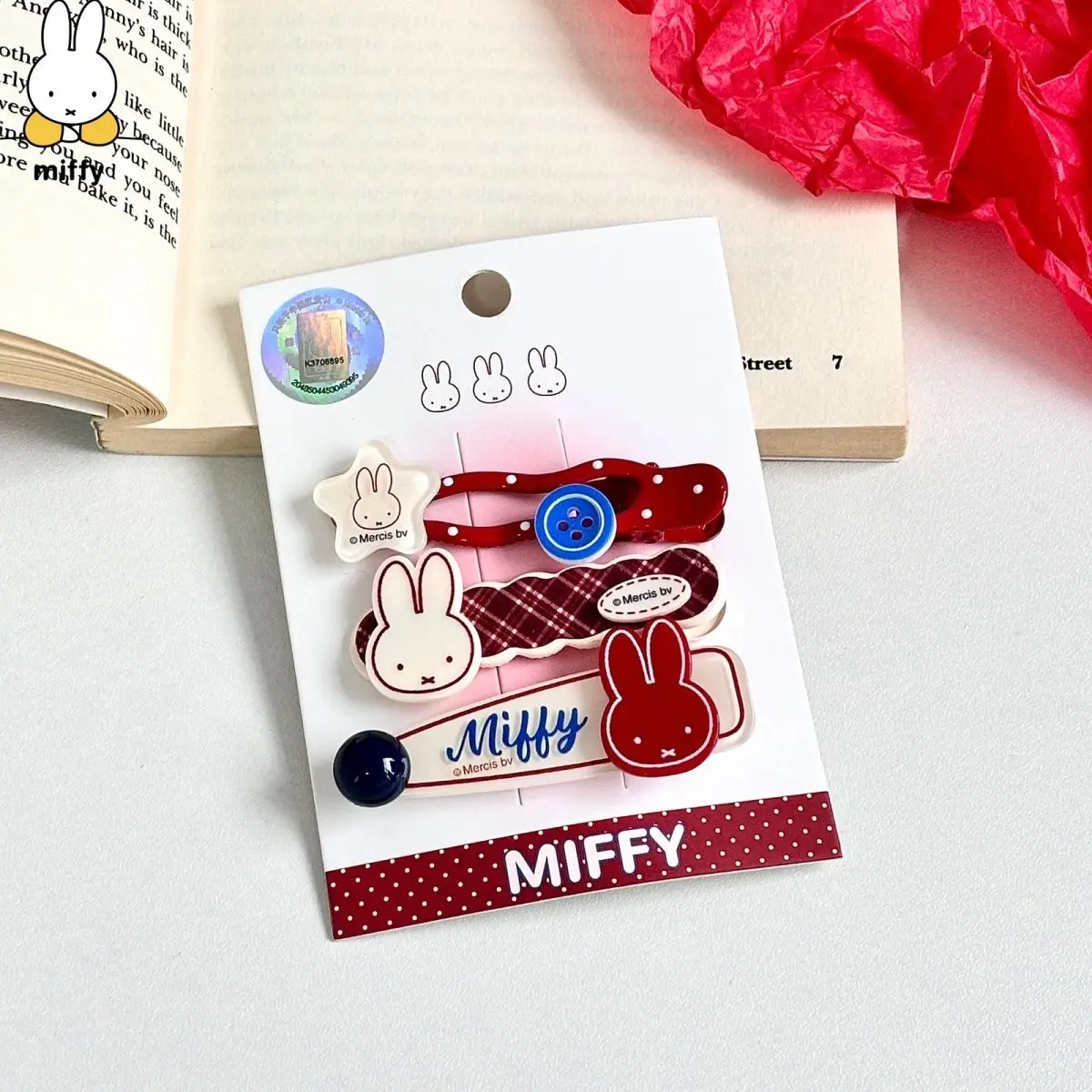 Pinza para el pelo Miffy, linda y kawaii, roja, con diseño de conejo Miffy, pinza con lunares, pinza de dibujos animados, pinza de pez, accesorio para el cabello, regalo