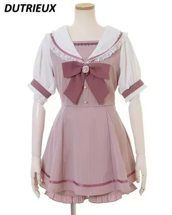 Rojita japonais col marin à manches longues robe pour femmes printemps été doux Lolita nœud robe Shorts costume femmes deux pièces ensemble