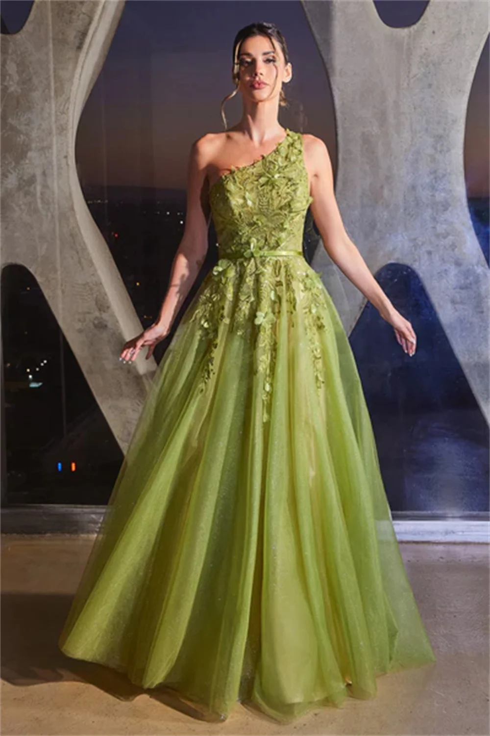 Bella Green One Shoulder Prom Dresses Tulle Floor-length فساتين سهرة Elegant Sleeveless A-line Shiny Vestidos De Fiesta 2024