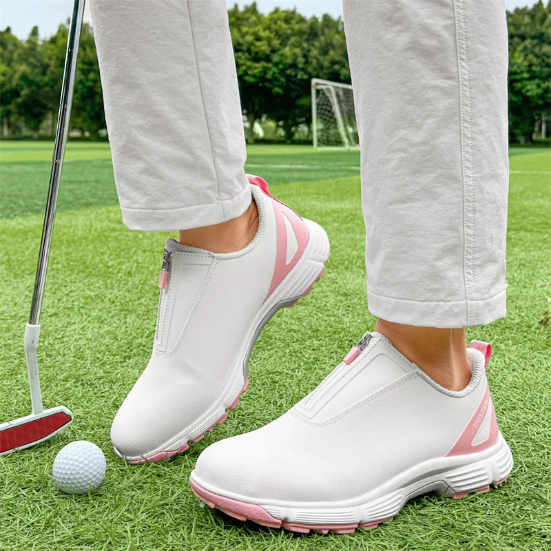 Chaussures de golf imperméables à pointes en cuir pour hommes et femmes, chaussures de golf zippées, chaussures d'entraînement confortables pour femmes, rose, haute qualité