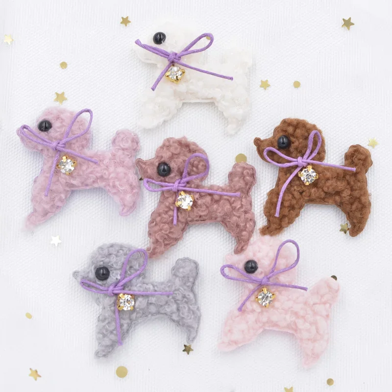 6Pcs Teddy Plush Padded Patches Rhinestone Bow Stick-on Cute Dog Appliques for Clothes Hat Leggings Sewing Supplies Ornament