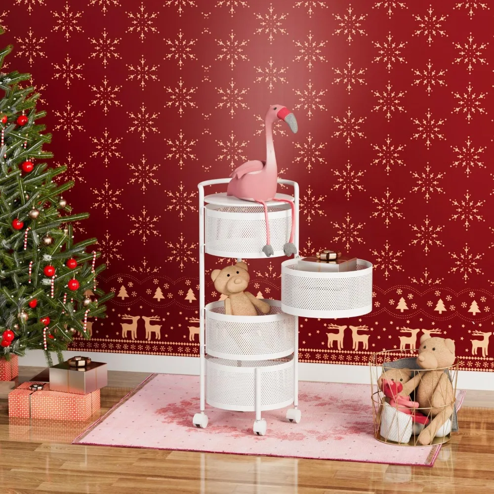 

4-Tier Multi Layer Removable Basket Shelf Organizer on Rolling Wheels for Fruit Vegetable Grocery Corns Potato Onion (White)