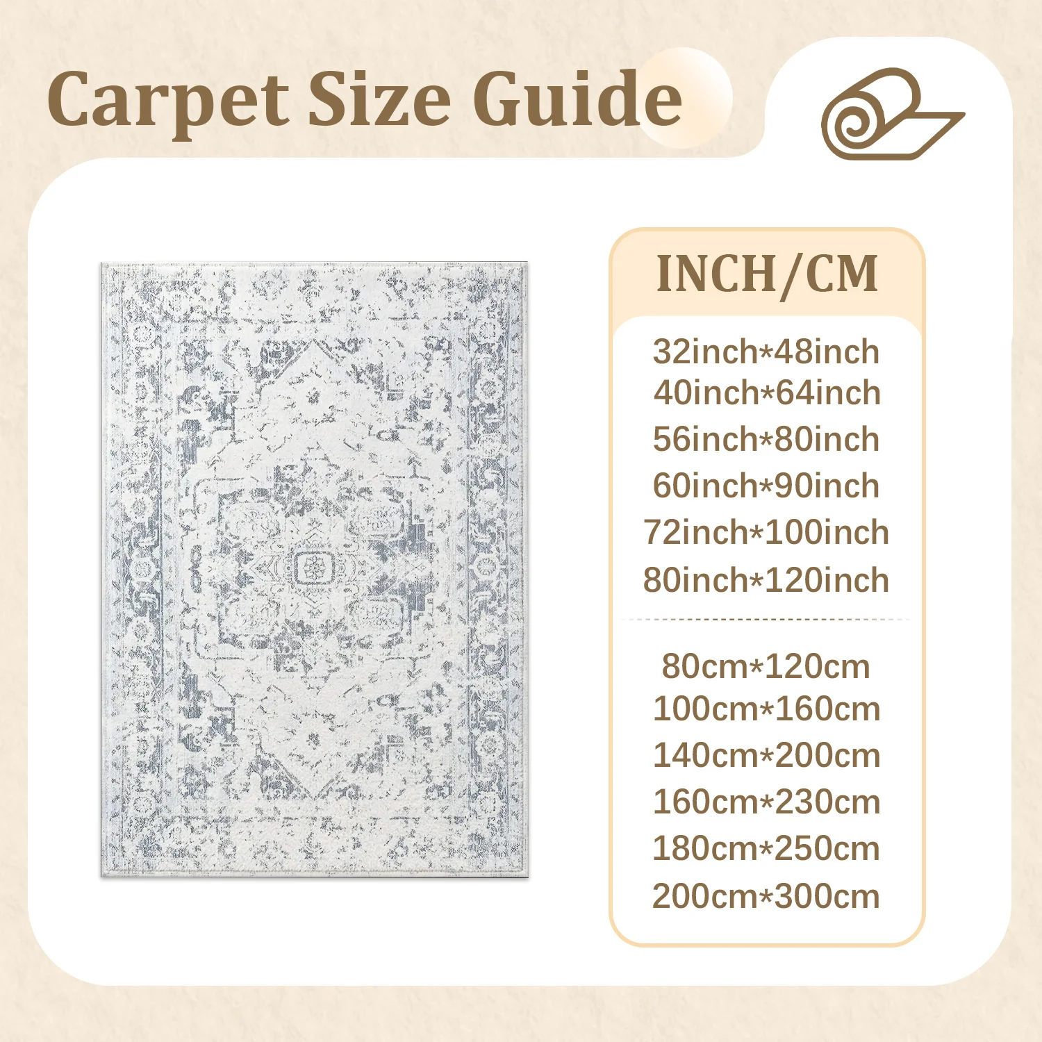 Large Indoor Area Rug Soft Velvet Low Pile Non-slip Dotted Backing Machine Washable Distressed Vintage Oriental Medallion Floor Carpet for Living Room Bedroom Light Gray Neutral Home Decor Rug