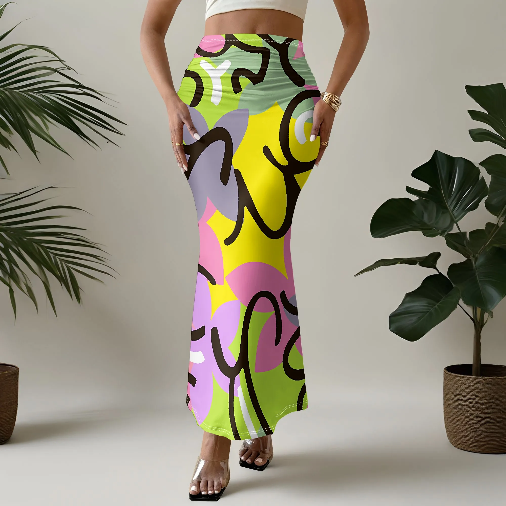 Vibrant Print Mermaid Skirt, Abstract Art Design, Bodycon Maxi Skirt, Summer Beach Wear, S-2XL
