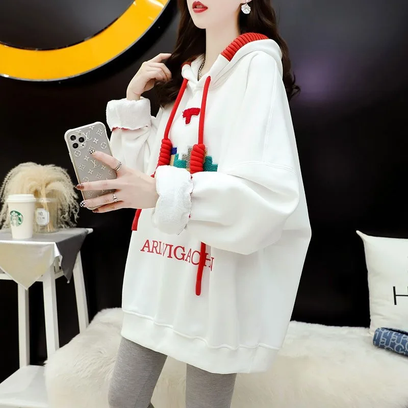 

Hooded Thick Autumn and Winter New Sweatshirt Women's Loose Korean Style Versatile Fake Two-piece Velvet Jacket Trendy