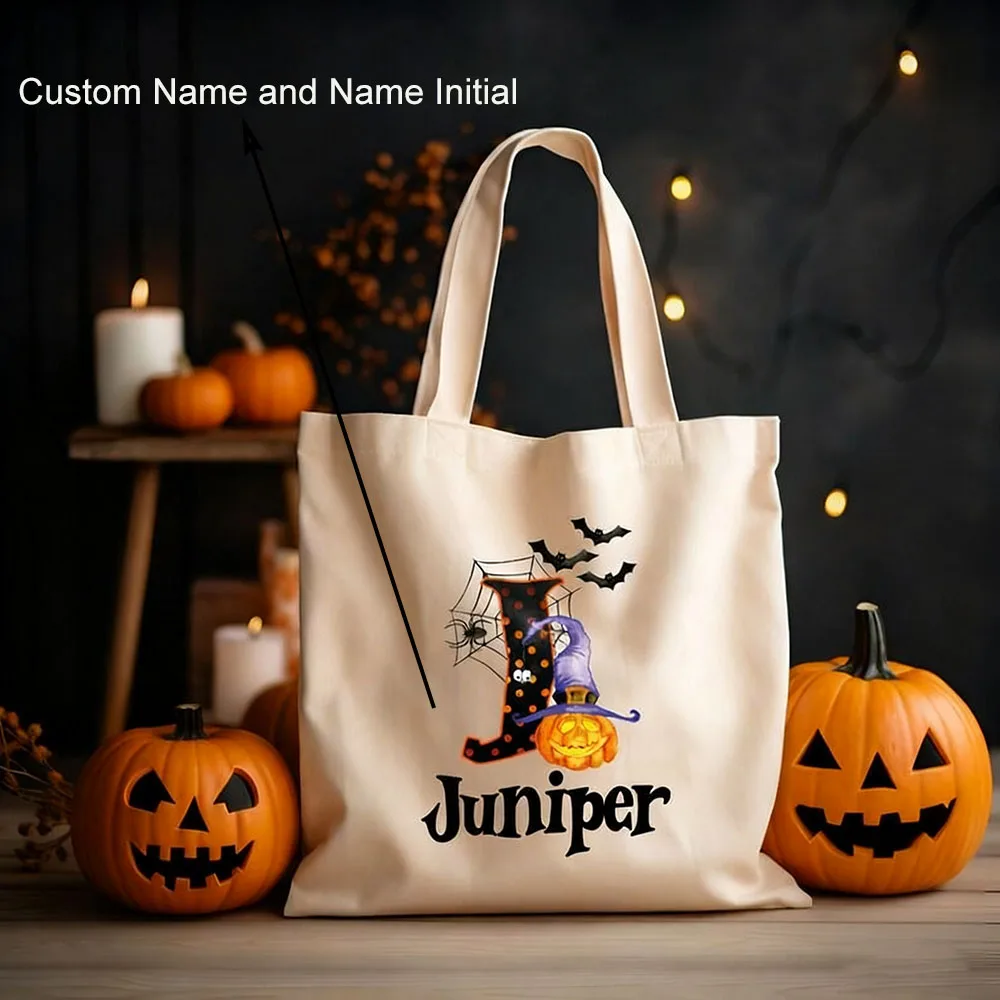 

Personalized Halloween Tote Bag Custom Name And Initial Pattern Canvas Bag Kids Trick Or Treat Candy Bag Reusable Durable