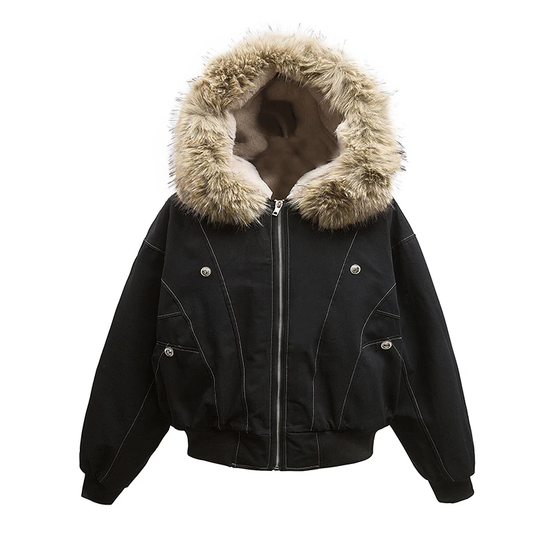 American Retro Fur Collar Hooded Jacket Women Y2K Streetwear Winter New Velvet Thickened Warm Harajuku Loose Casual Jacket