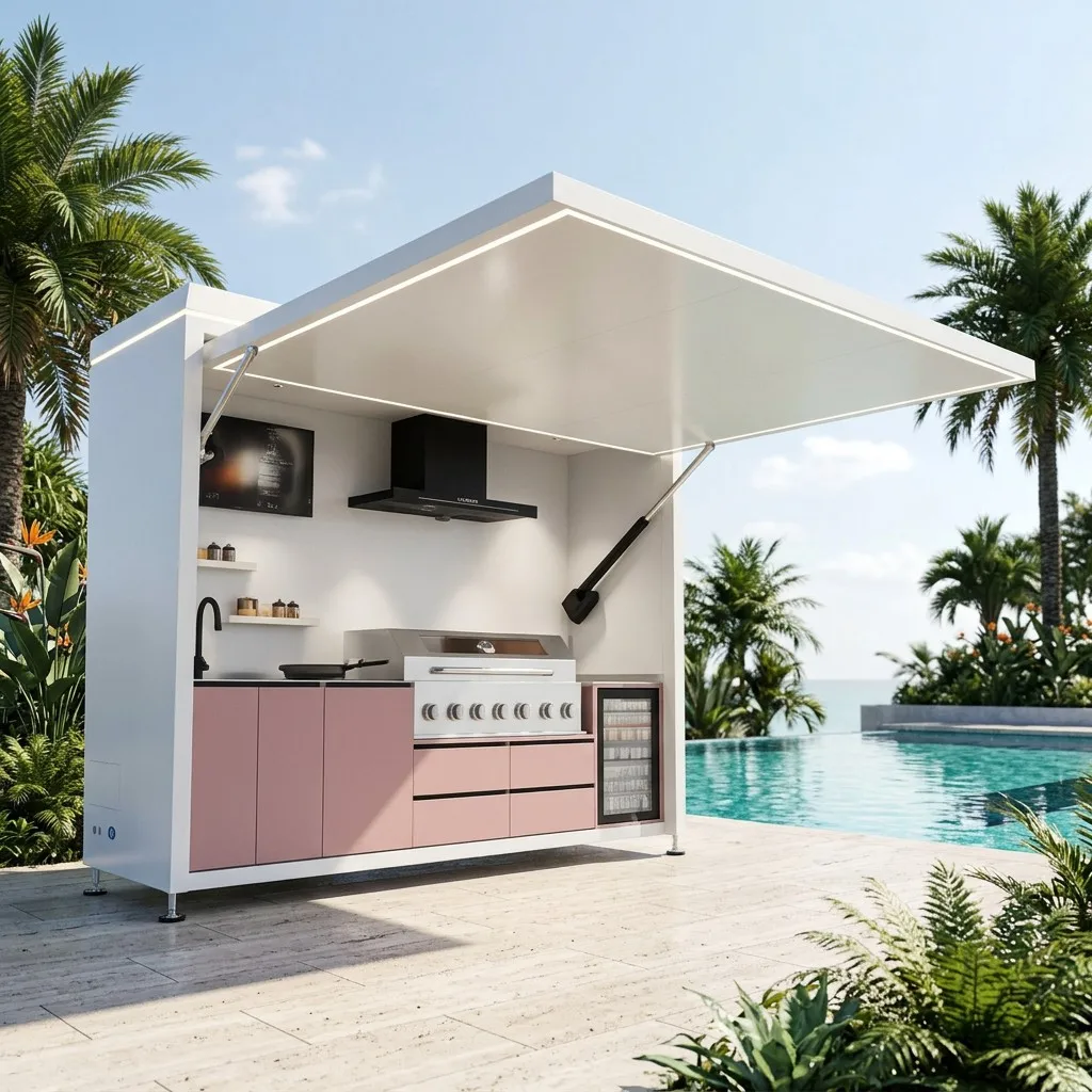 Modern Luxury Outdoor Kitchen Island With Remote Control Retractable Roof And Built In Grill Sink Refrigerator