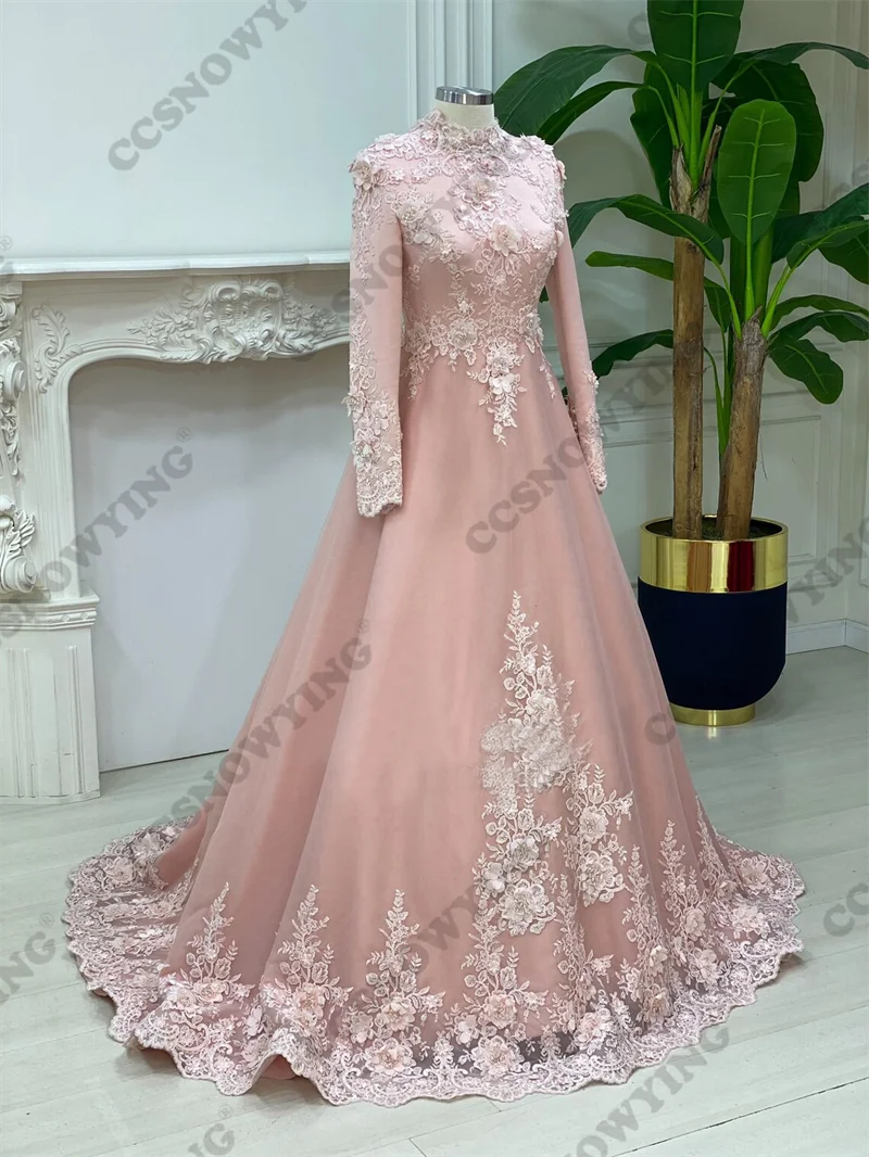 Pink Long Sleeve Muslim Evening Dresses Hijab Islamic Formal Party Gown Appliques Women Arabic Kaftan Robe De Soiree