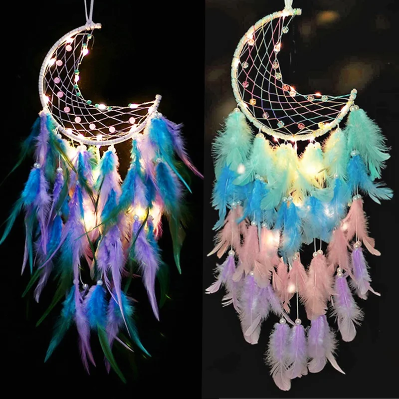 LED Moon Dream Catcher Feather Dreamcatcher Night Light Home Bedside Wall Hanging Home Bedroom Party Wedding Decoration Gifts