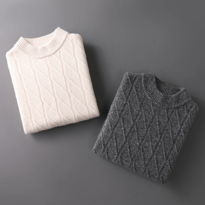 Men Wool Sweater Pullover Autumn Winter Cashmere Long Sleeve Thick Warm 100% Merino Wool Knitted Jacquard Solid High Quality Top