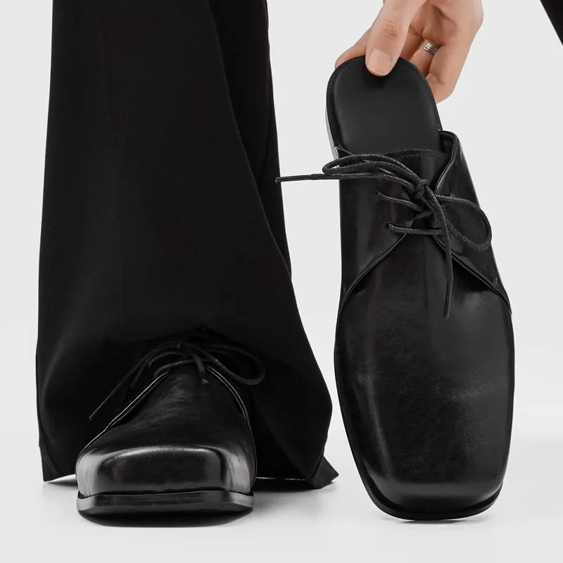 

New Men Front-toe Slippers Black Color Outdoor Square-toe Flat Half-slippers Retro Luxury Mule Shoes for Men Sizes 38-46