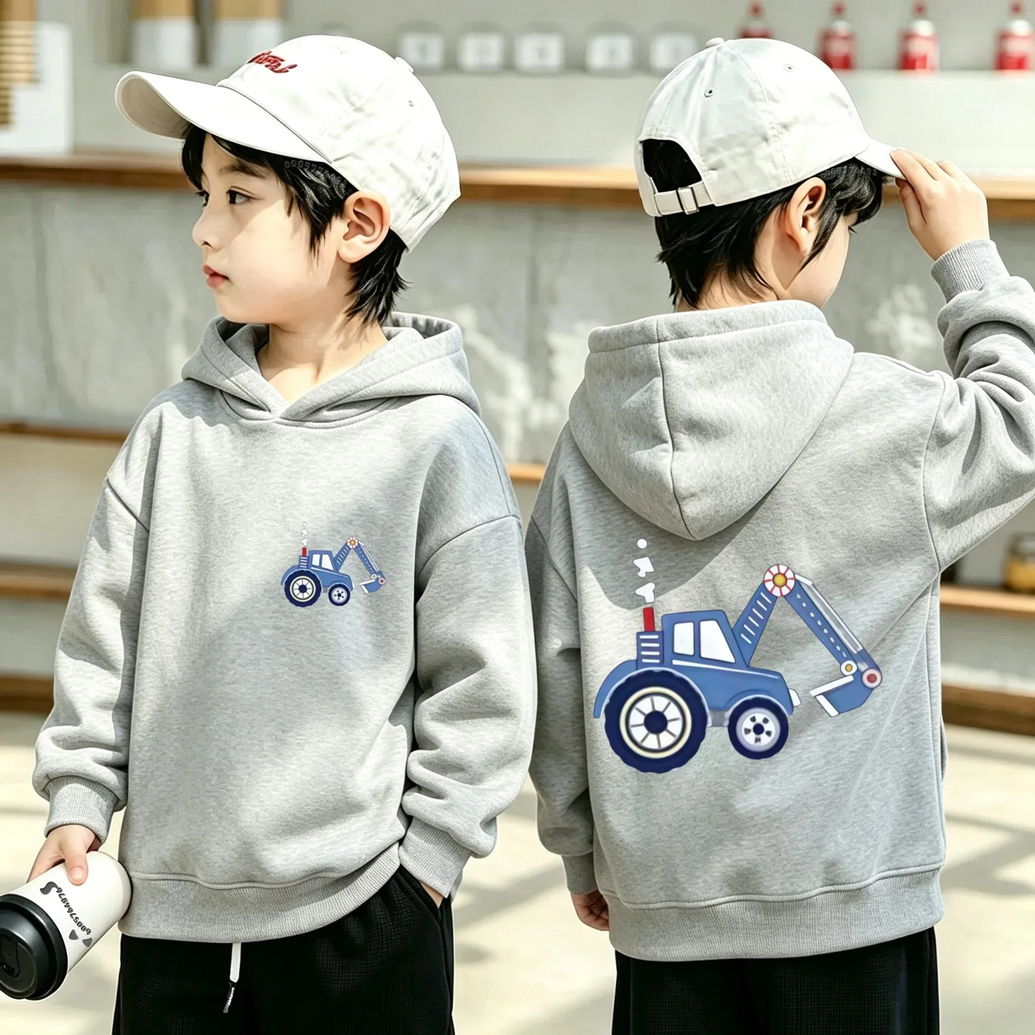Cool, fashionable, cute cartoon blue excavator pattern children's hooded sweatshirt with front and back printed design