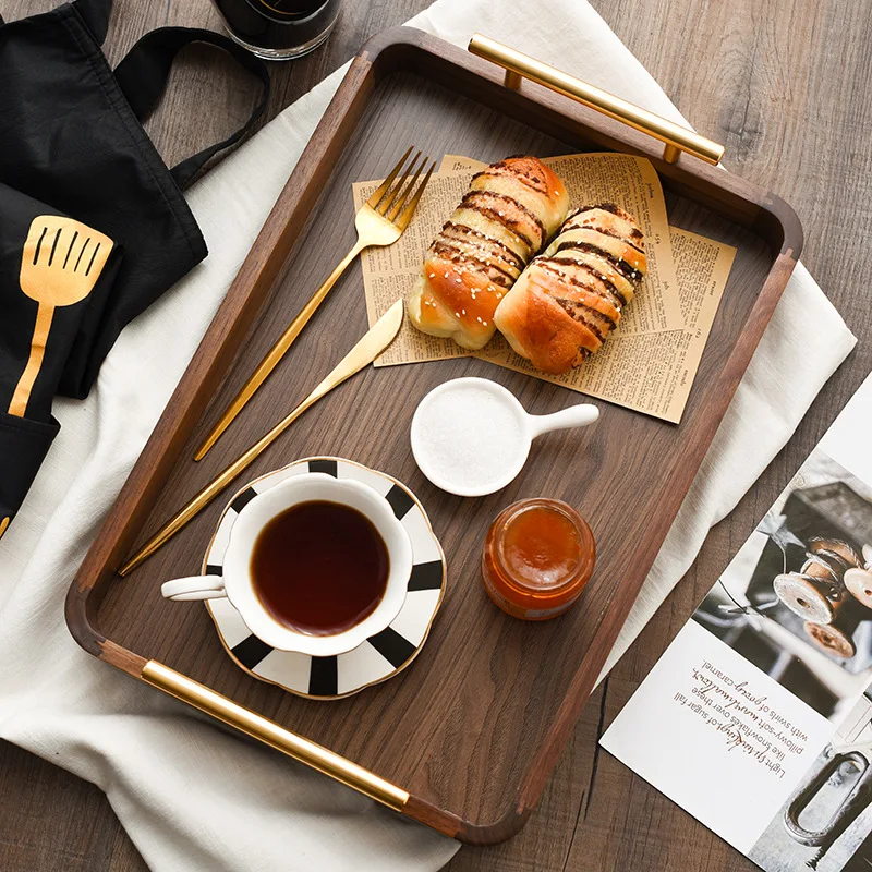 

HYS black walnut tea tray solid wood tray rectangular wooden plate coffee simple wooden plate hotel home
