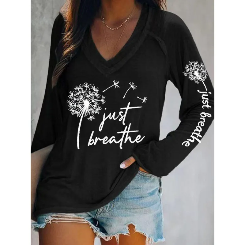 ilstile Women's Just Breathe Print T-Shirts Summer Autumn Casual Loose T Shirt Long Sleeve V Neck Tops NEW